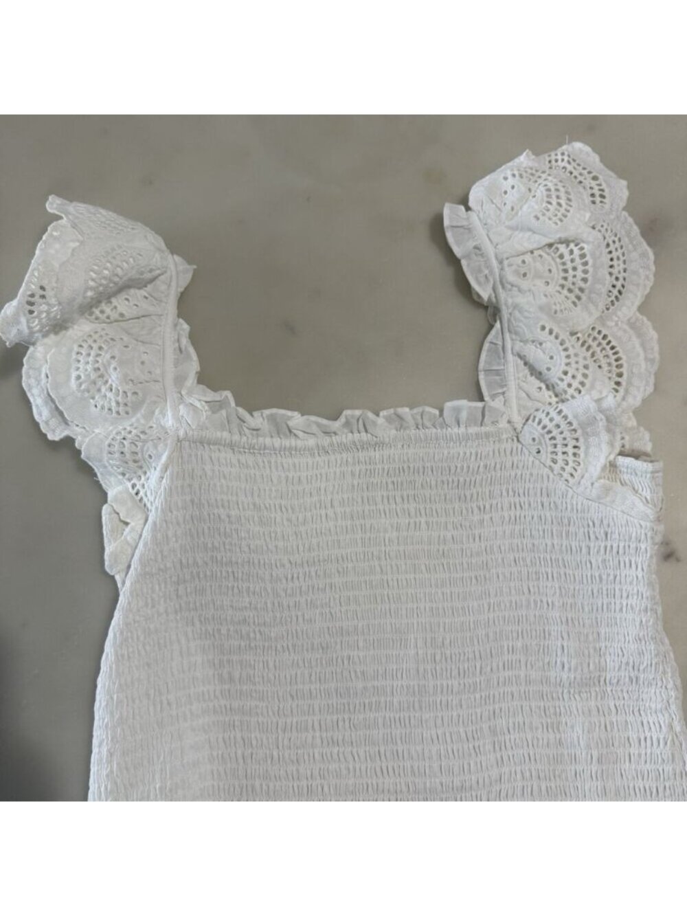 Size S Cotton White Eyelet Flutter Sleeves Smocked Peplum Top - Picture 4 of 5